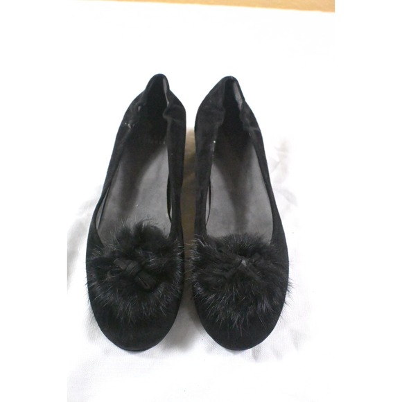Stuart Weitzman Shoes - Stuart Weitzman Black Suede Fur Pom Pom Ballet Flats Elastic Scrunch Sz 8.5M Spa